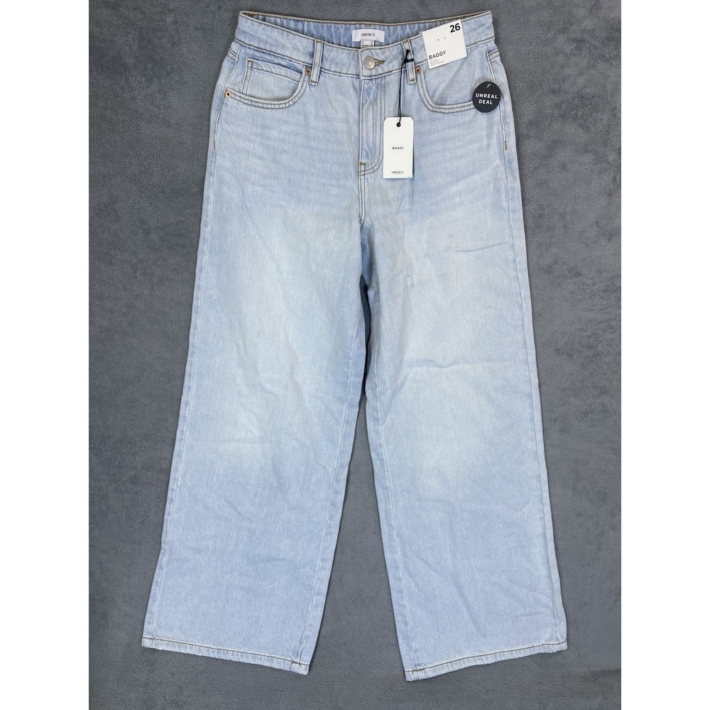 New Forever 21 Jeans Womens 26 Blue Light Wash‎ Mid Rise Baggy Wide Straight